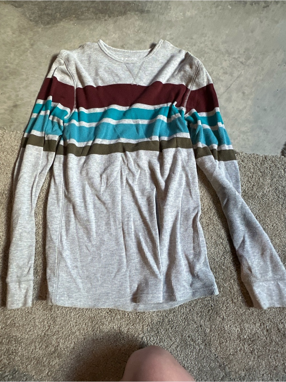 Mossimo Supply Co. Cream Long Sleeve Crew with Burgundy, Teal & Olive Stripes